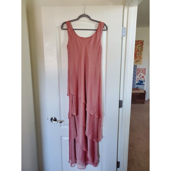 Dela-Jo by Lida Formal Shiny Salmon Pink Asymmetric Tiered Ruffle Dress, Size 8 - Picture 7 of 11